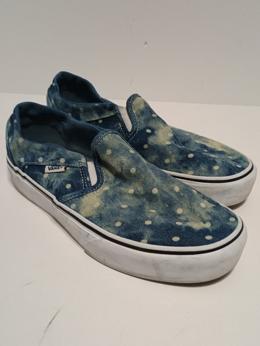 Vans Asher Blue Denim Polka Dot Slip-On Sneakers Women’s Size 10 Skate Shoes